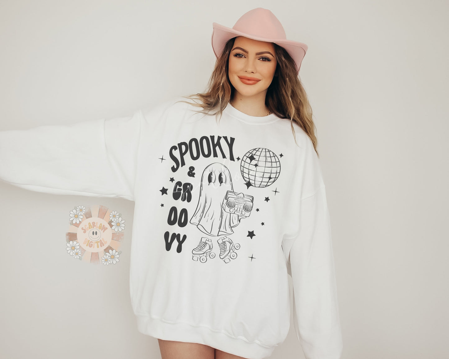 Spooky and Groovy PNG-Halloween Sublimation Digital Design Download-ghost png, disco halloween png, rollerskate png, retro png, outline png