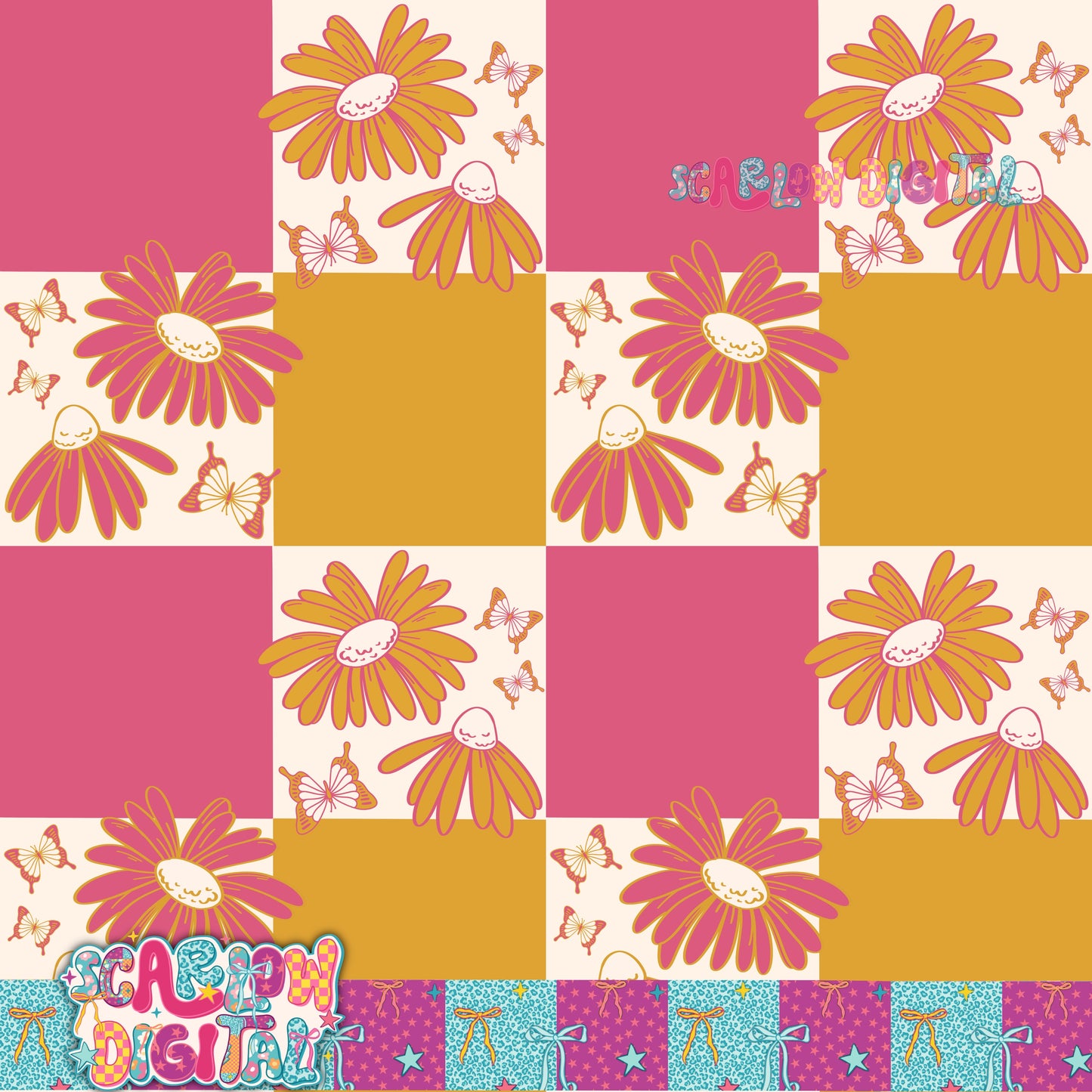 Floral Checkered Daisies Seamless Pattern Digital Design