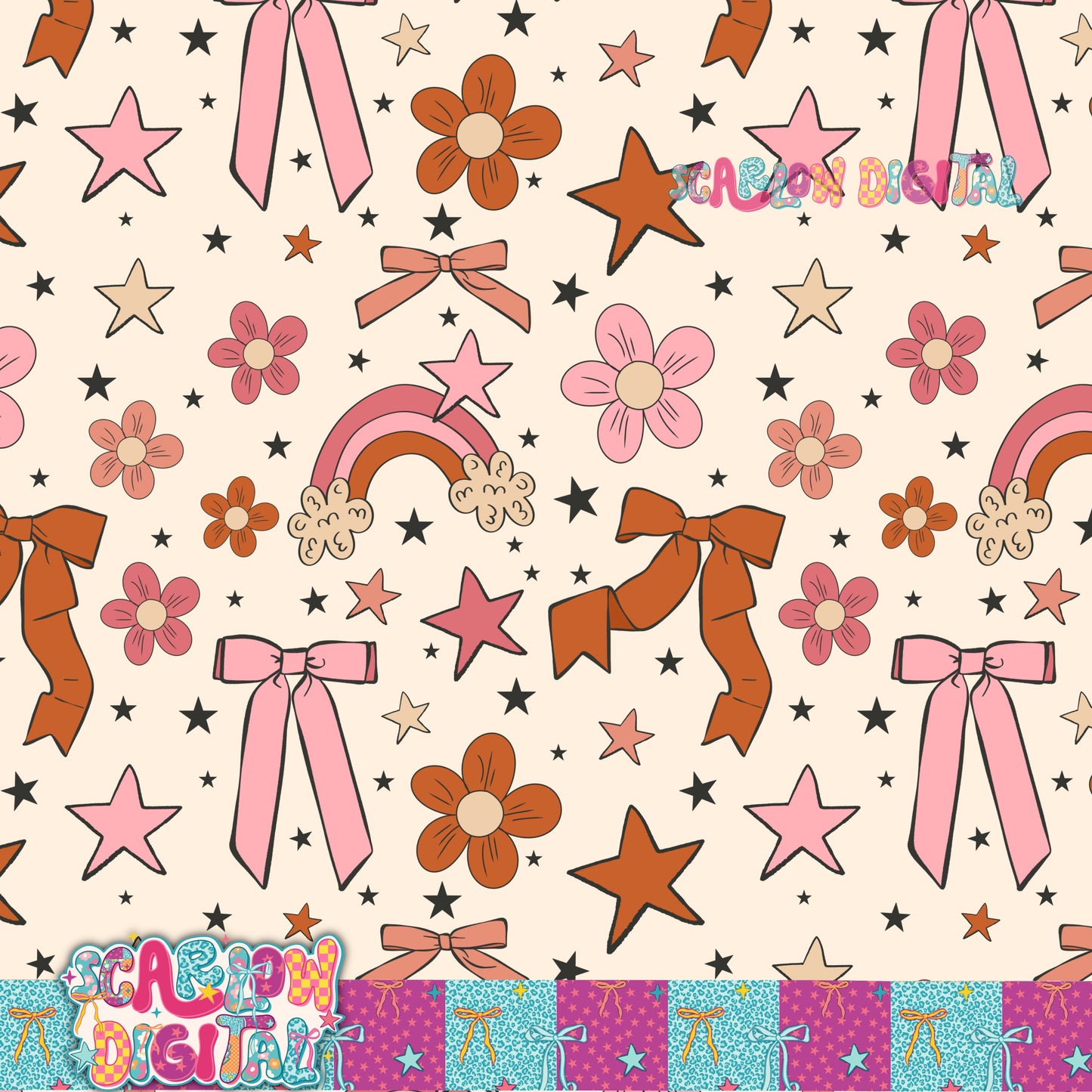Flowers and Bows Seamless Pattern Digital Design