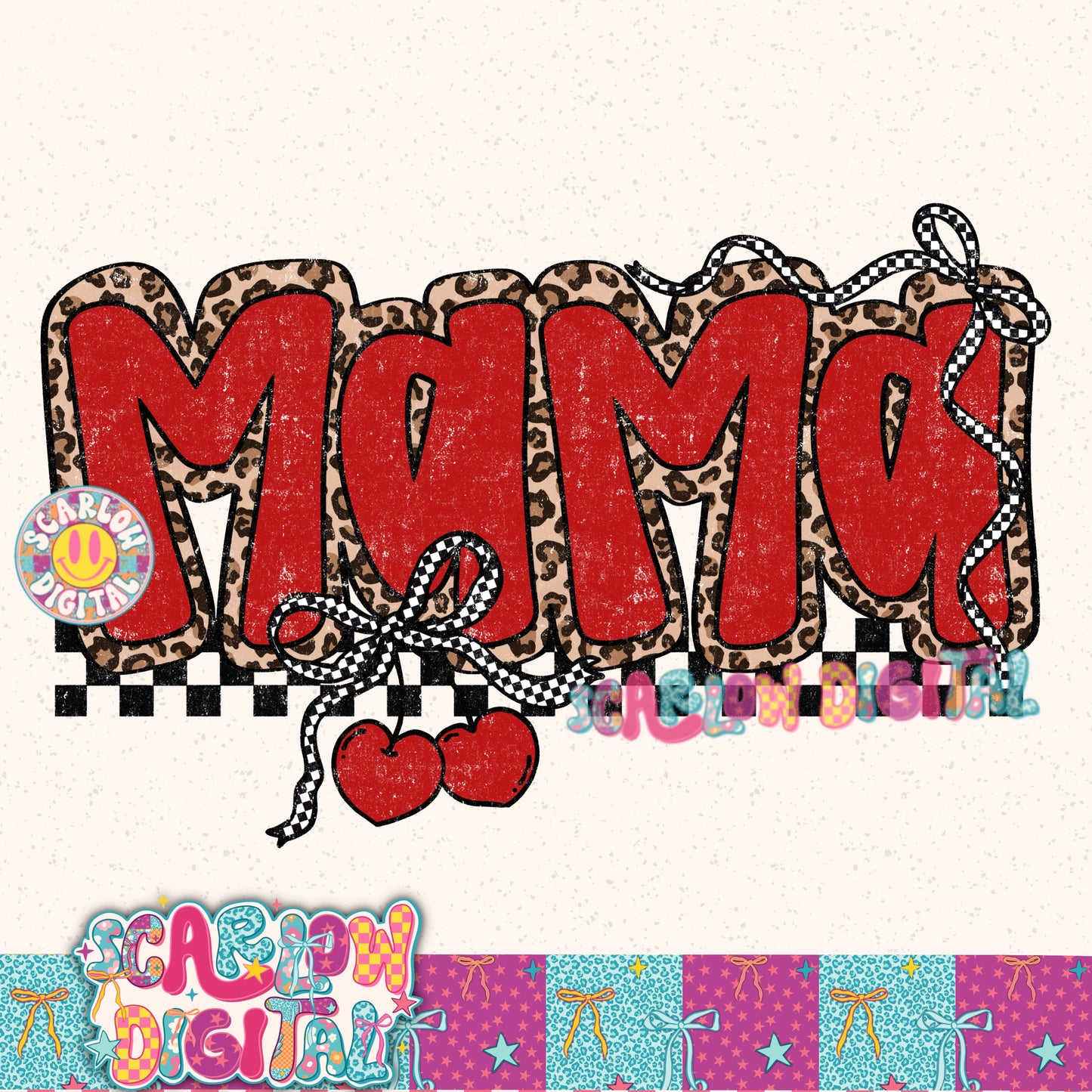 Cherry Mama Checkered Bow PNG Digital Design