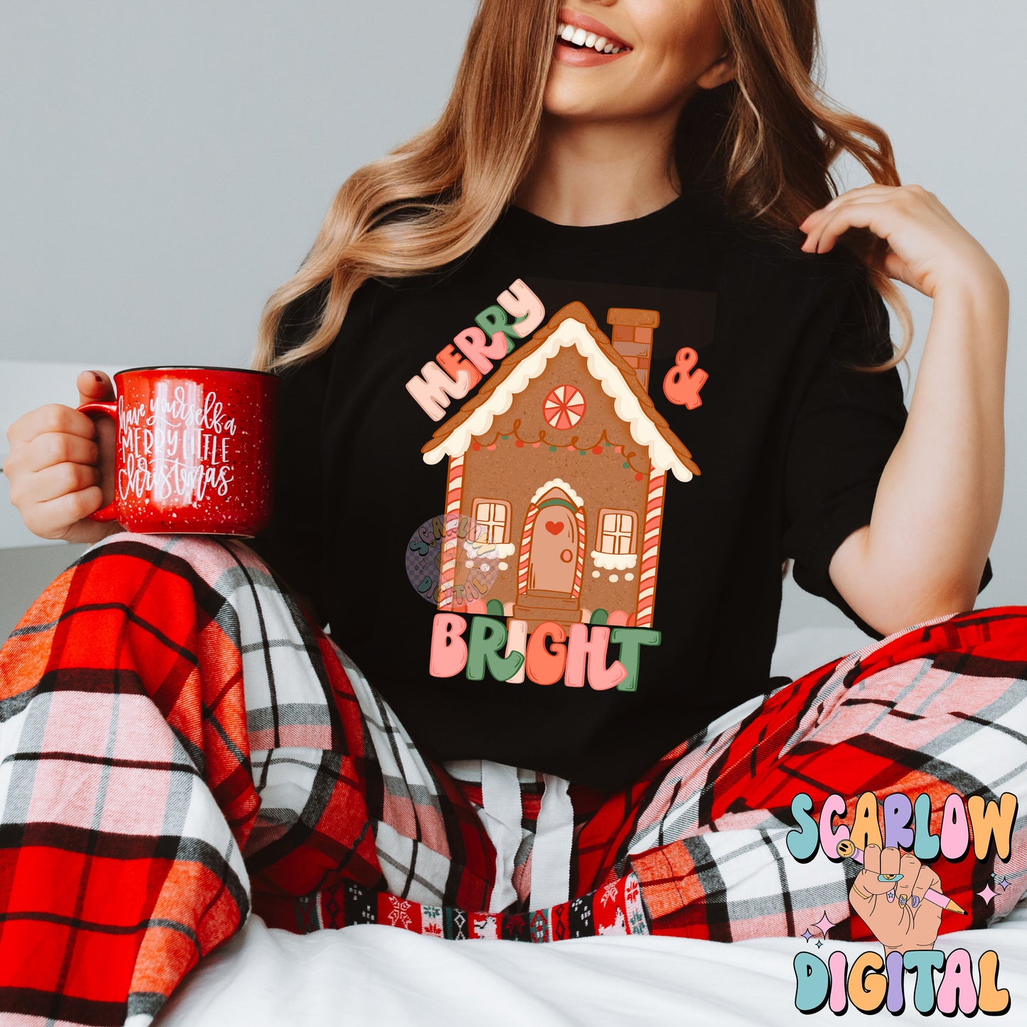 Merry & Bright PNG Digital Design Download, Gingerbread house png, Christmas png design, traditional christmas png, kids png, trendy png