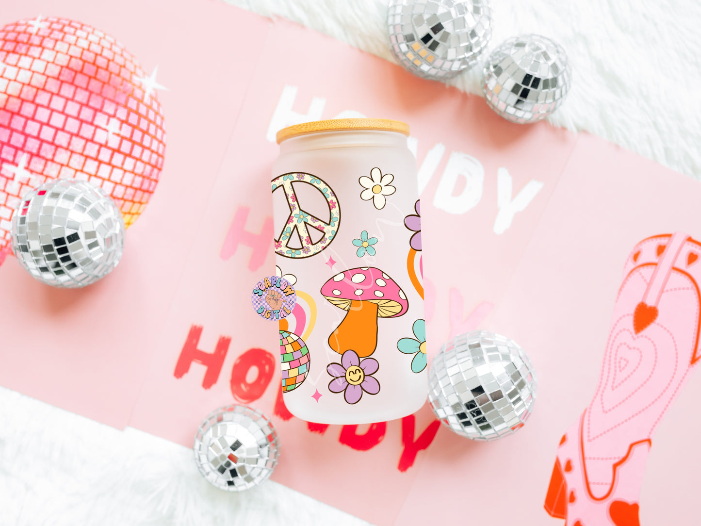 Groovy 16 Ounce Can Glass Wrap PNG, hippie can glass png, flowers can glass design, disco glass can wrap design, mushroom glass can png