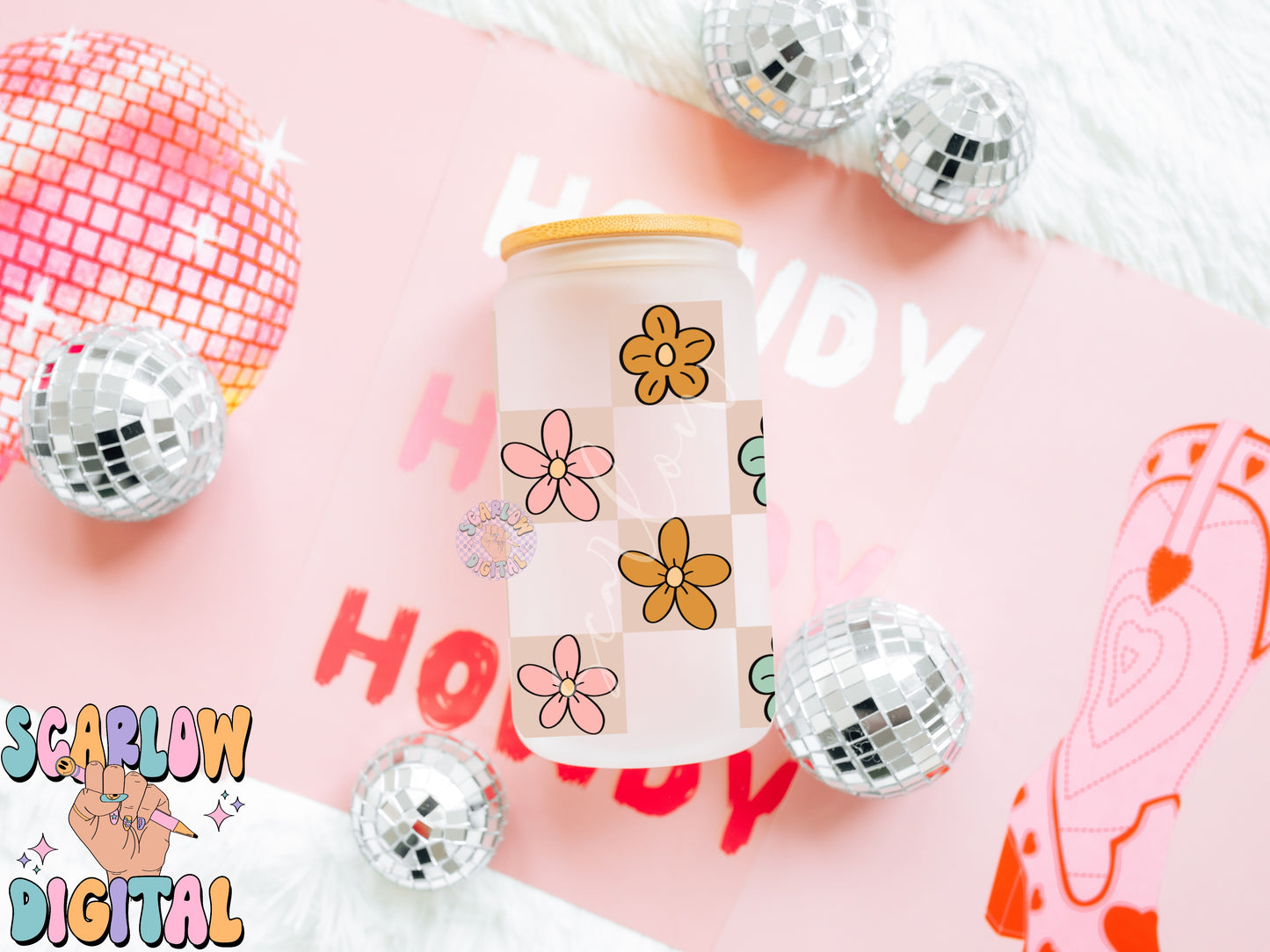 Checkered Floral 16 Ounce Can Glass Wrap PNG Digital Design Download-flowers can glass wrap png, digital cup wrap png, girly can glass png