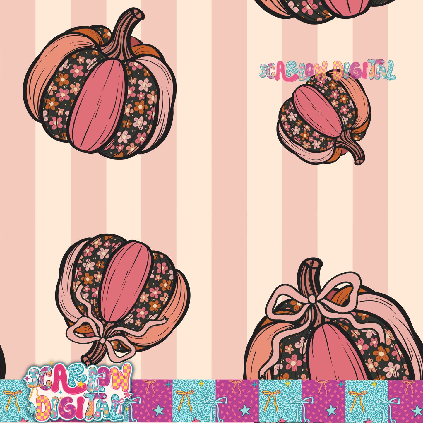 Floral Pumpkins on Stripes Seamless Pattern Digital Design