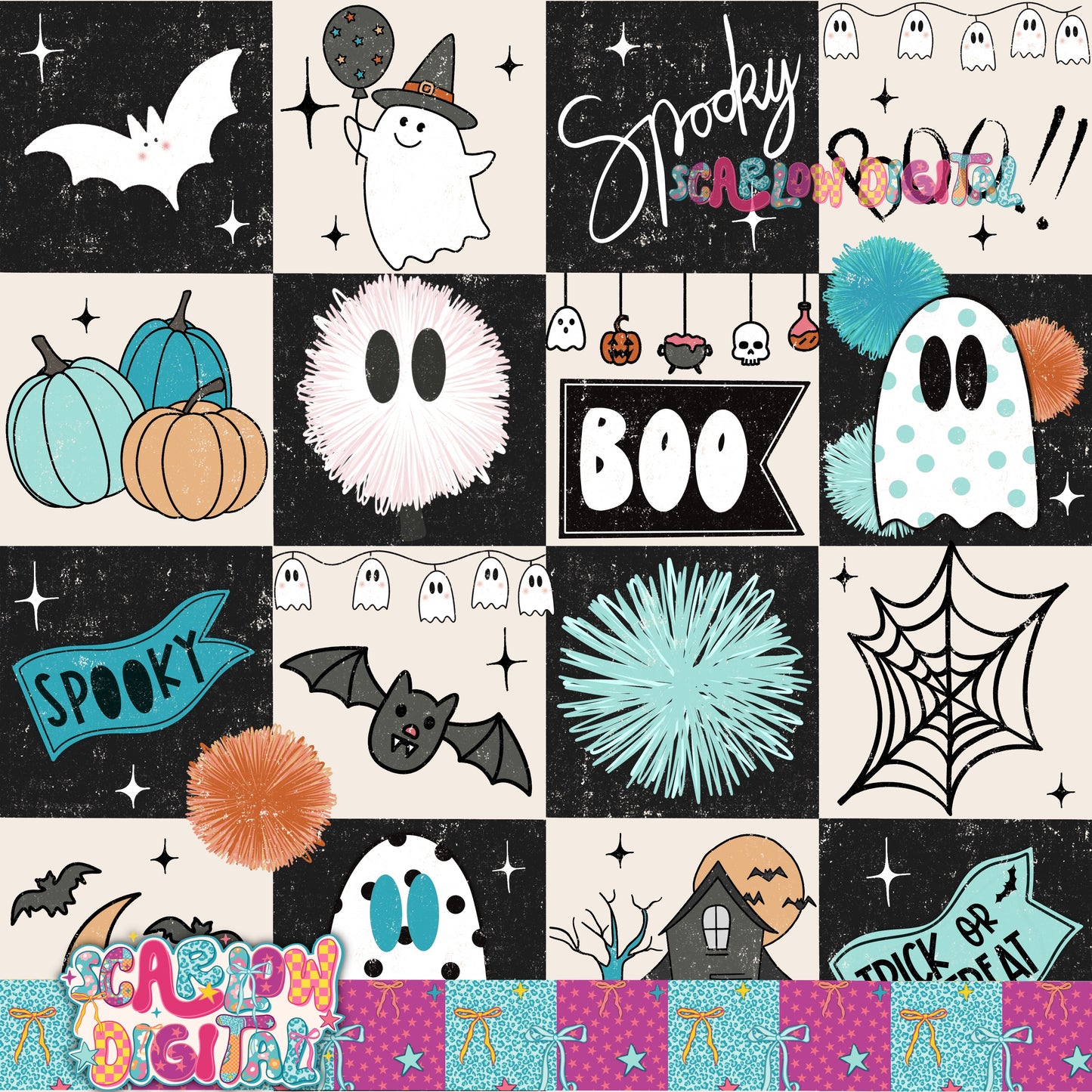 Spooky Checkers in Blue Seamless Pattern Digital Design