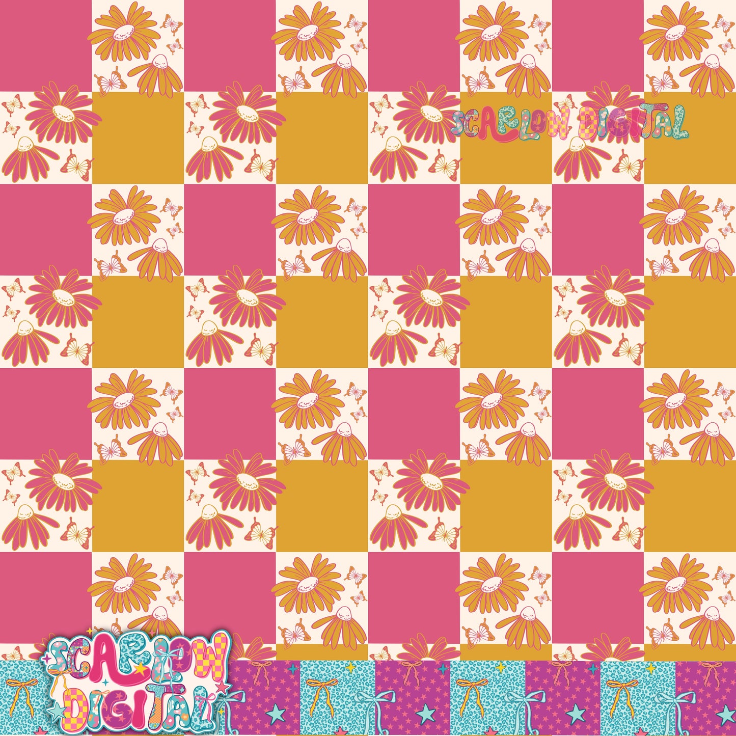 Floral Checkered Daisies Seamless Pattern Digital Design
