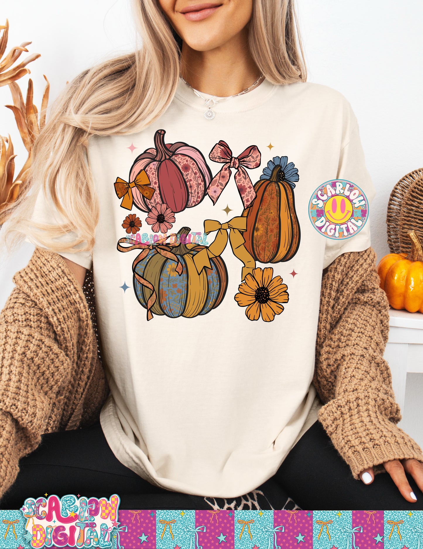 Fall Pumpkins and Flowers PNG Digital Design