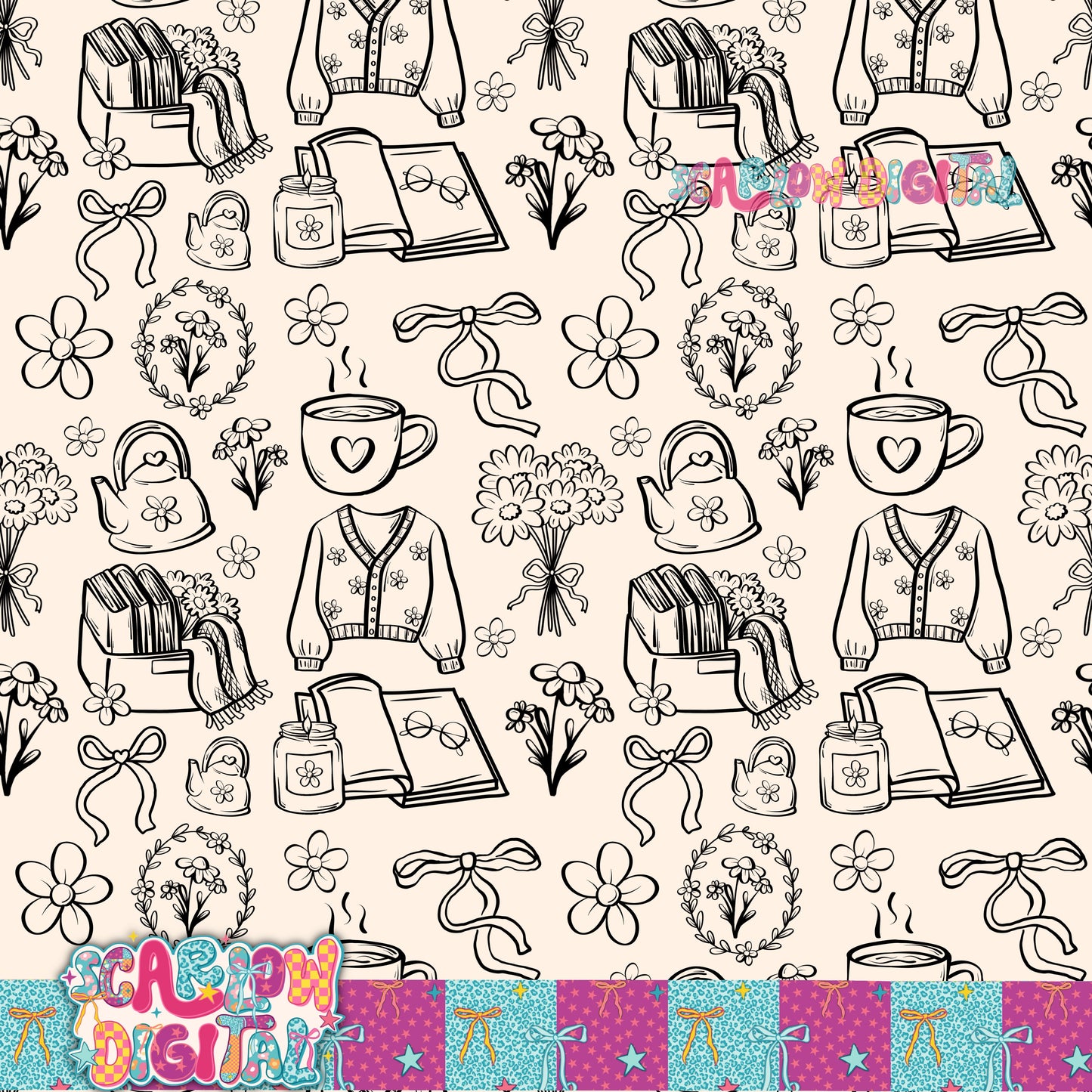 Books and Things Seamless Pattern Digital Design