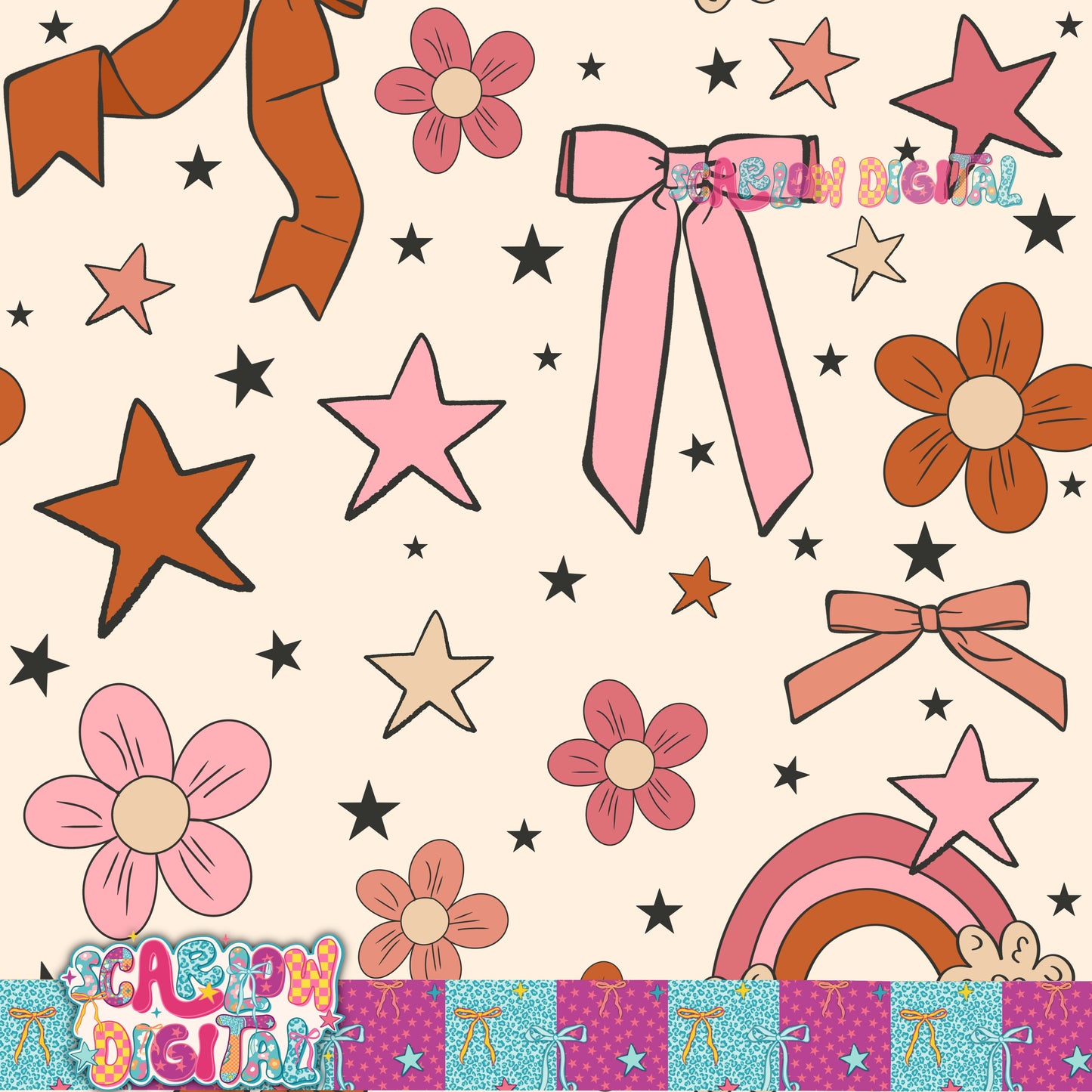 Flowers and Bows Seamless Pattern Digital Design