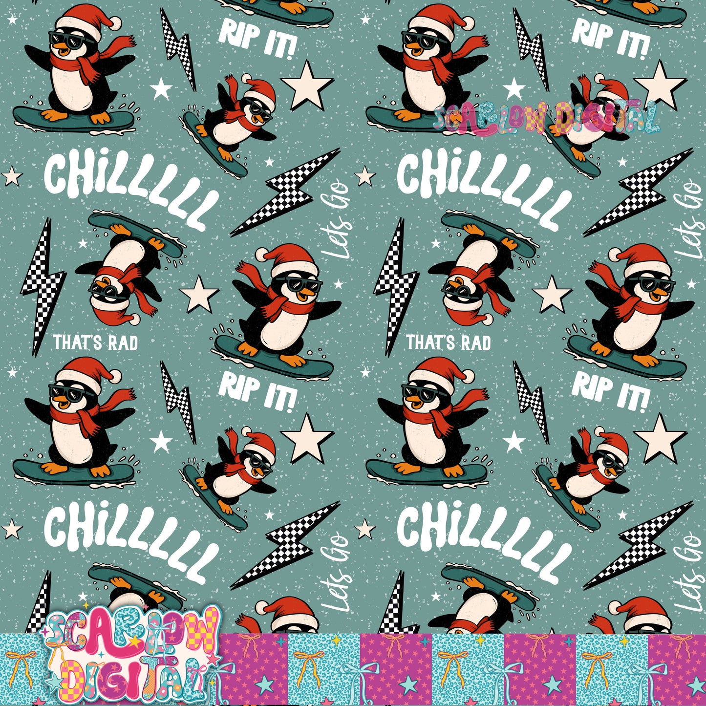 Snowboarding Penguin Seamless Pattern Digital Design