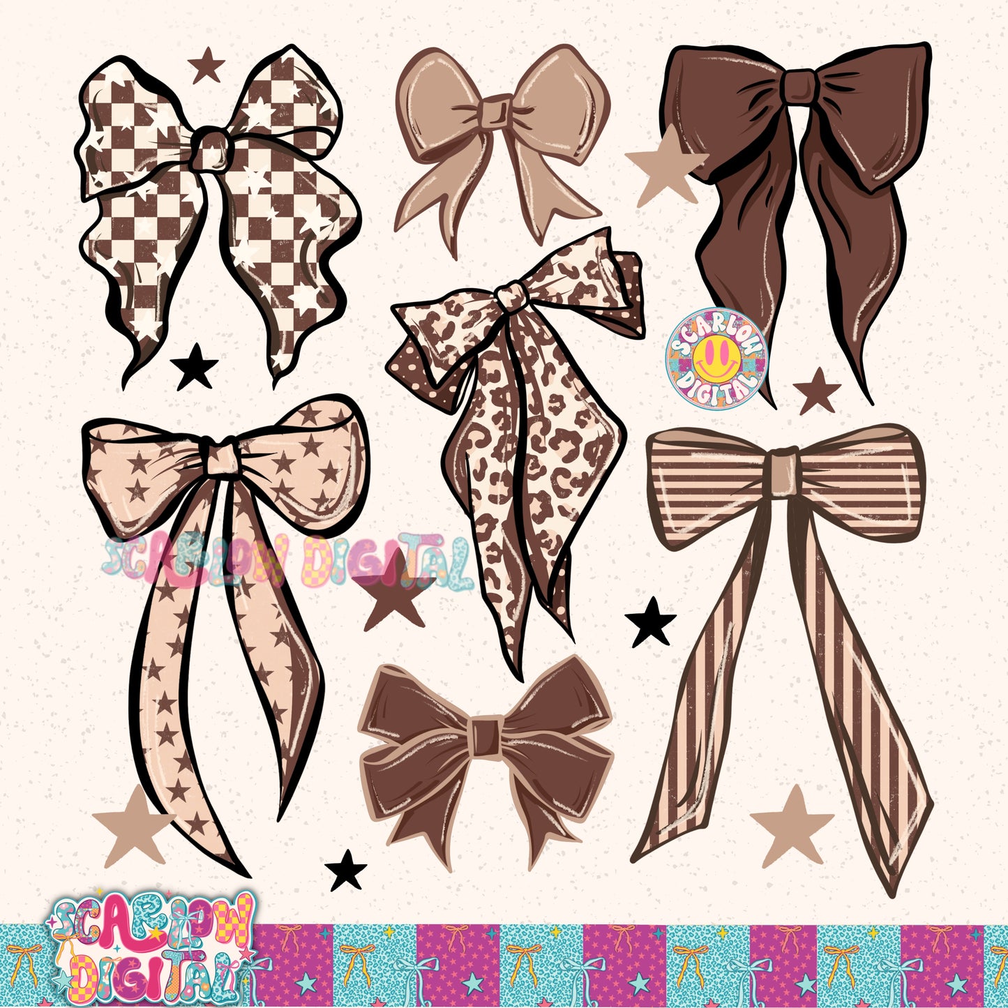Neutral Retro Bows PNG Digital Design