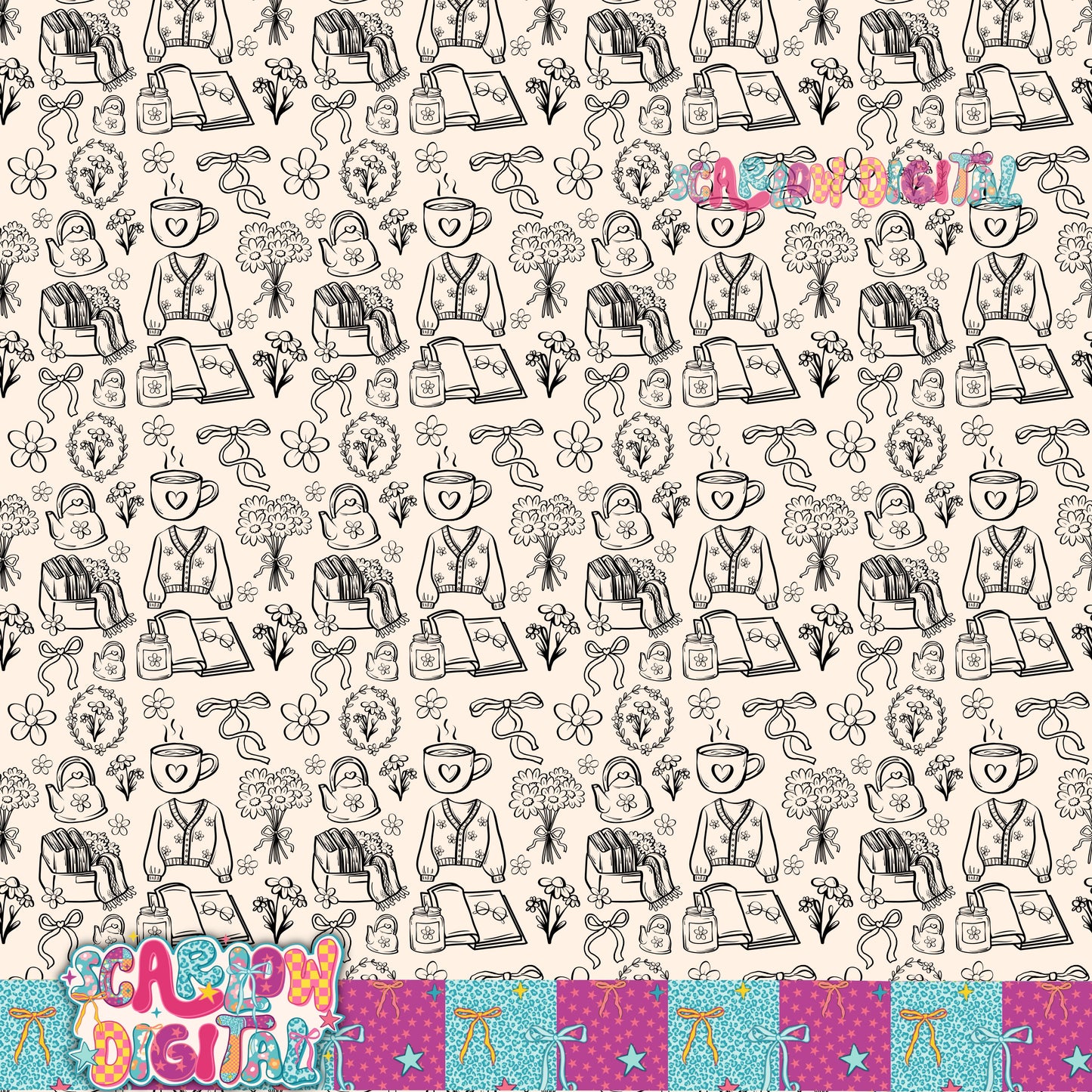 Books and Things Seamless Pattern Digital Design