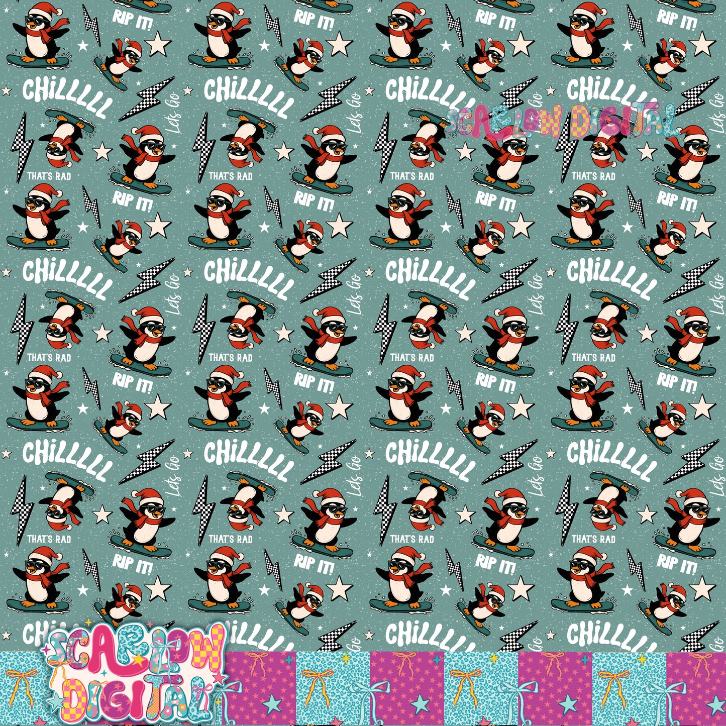 Snowboarding Penguin Seamless Pattern Digital Design