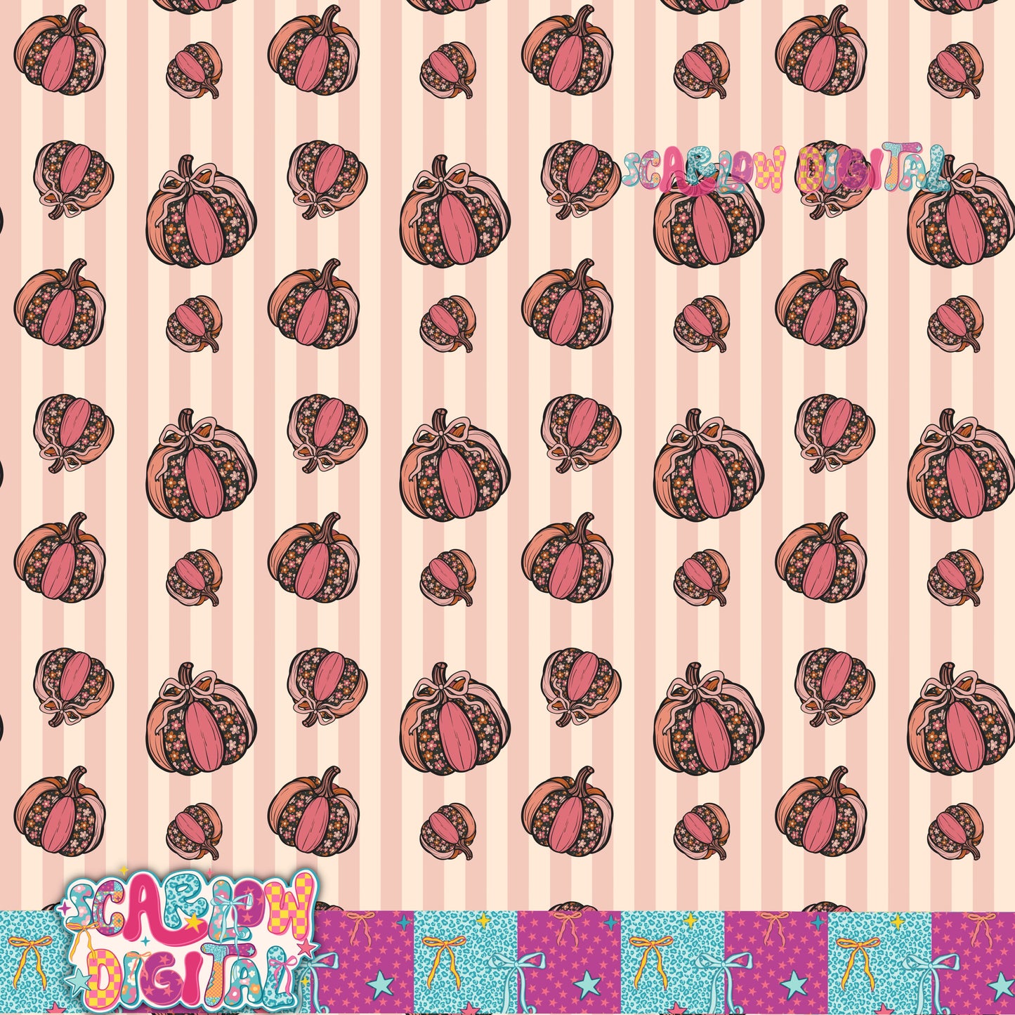 Floral Pumpkins on Stripes Seamless Pattern Digital Design