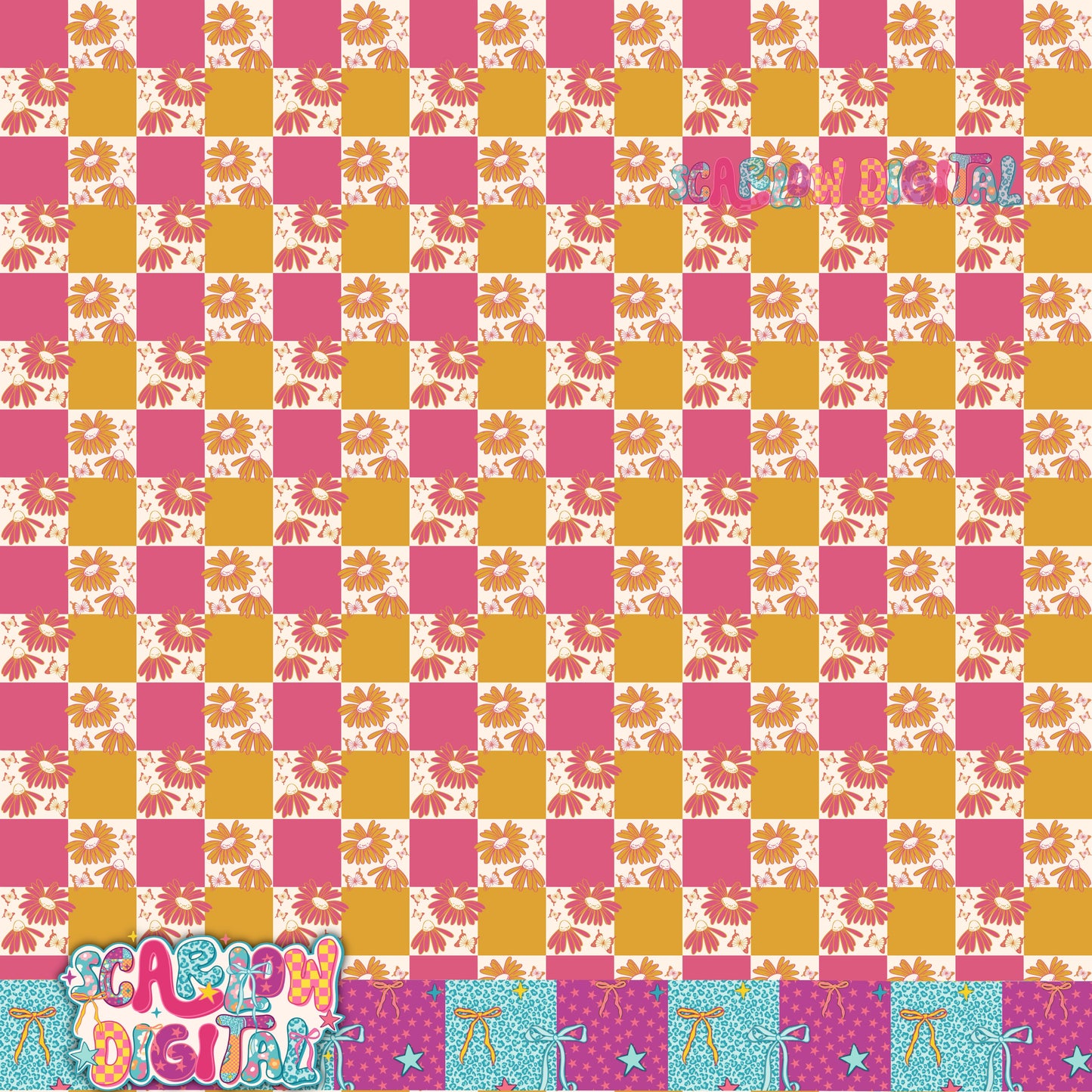 Floral Checkered Daisies Seamless Pattern Digital Design