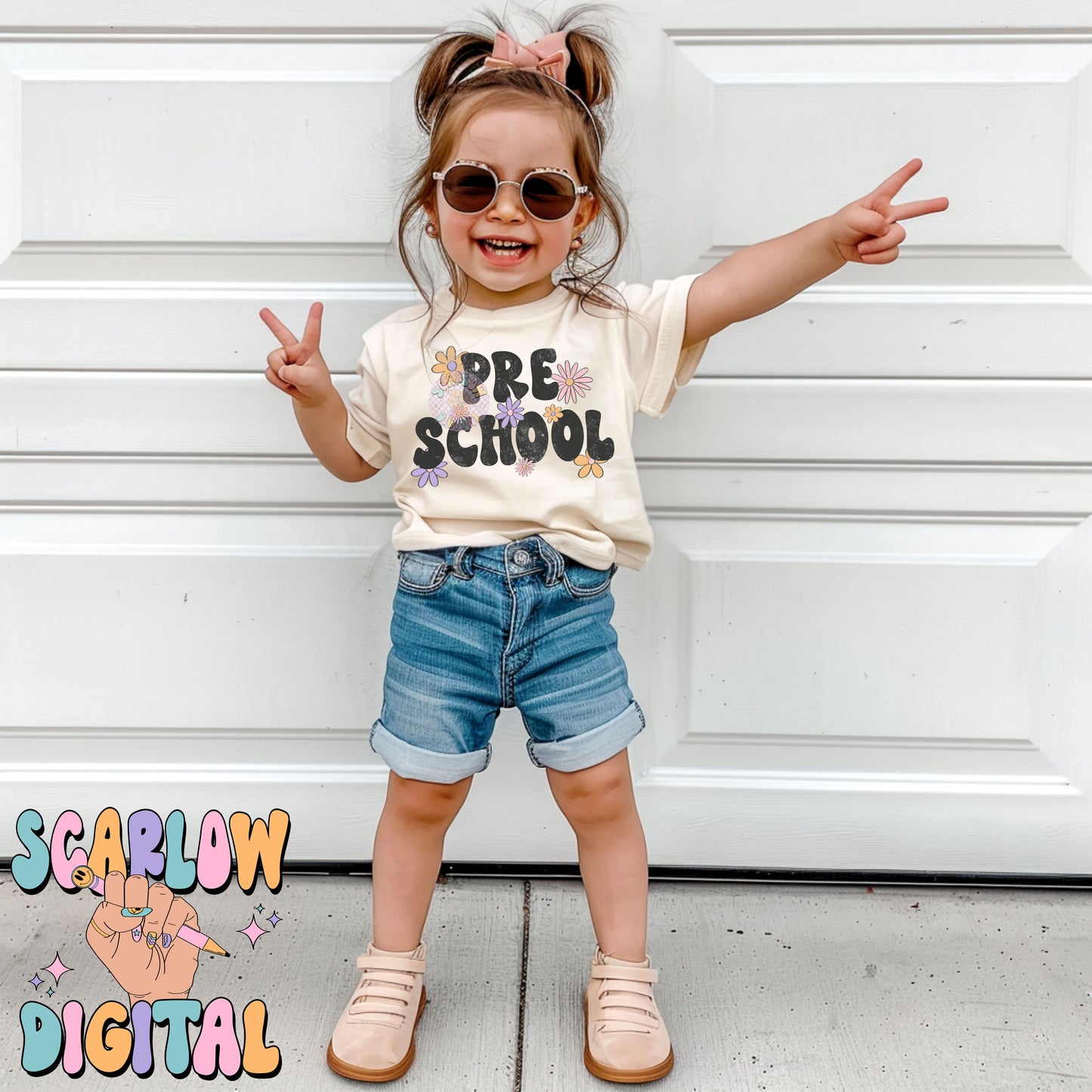 Preschool PNG Digital Design Download, back to school png, little girl png, flowers png, floral png, trendy school designs, girl tshirt png