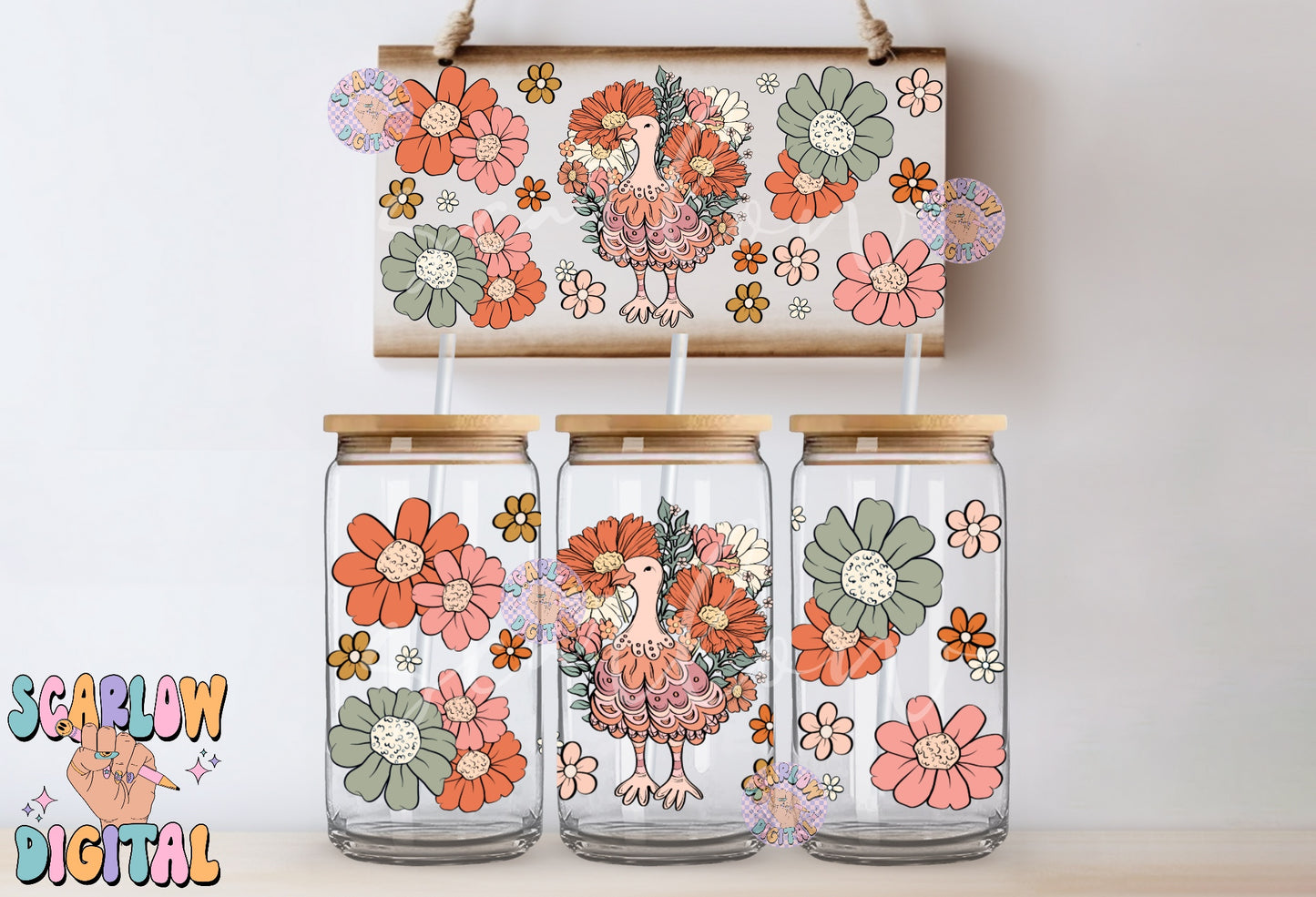 Floral Turkey Can Glass Wrap PNG-Thanksgiving Sublimation Digital Design Download-floral can glass wrap png, thankful can glass png design