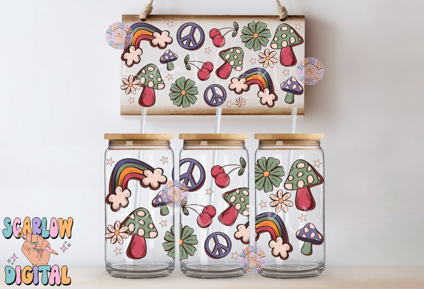 Groovy Doodles Glass Can Wrap PNG Digital Design Download, cherries can glass wrap, mushroom cup wrap, peace sign can glass wrap design
