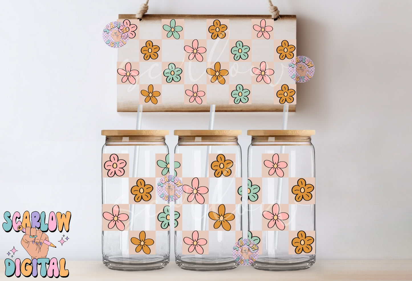 Checkered Floral 16 Ounce Can Glass Wrap PNG Digital Design Download-flowers can glass wrap png, digital cup wrap png, girly can glass png