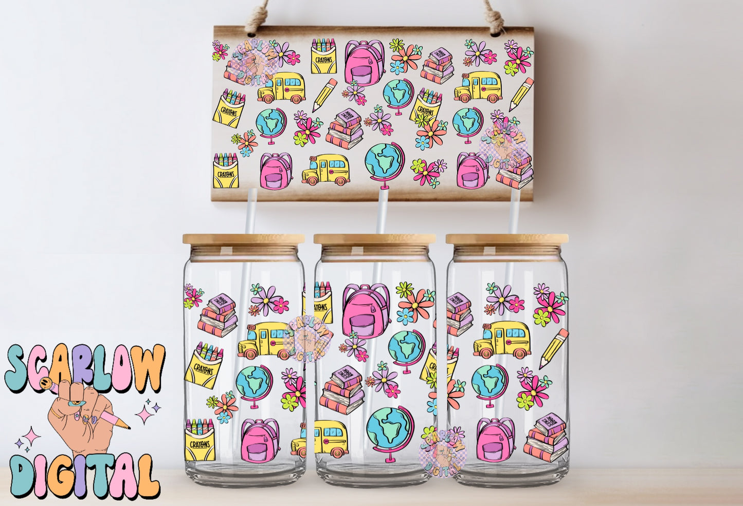 Back to School 16 Ounce Can Glass Wrap PNG Digital Design Download, crayons can glass wrap, flowers glass wrap, teacher can glass wraps png