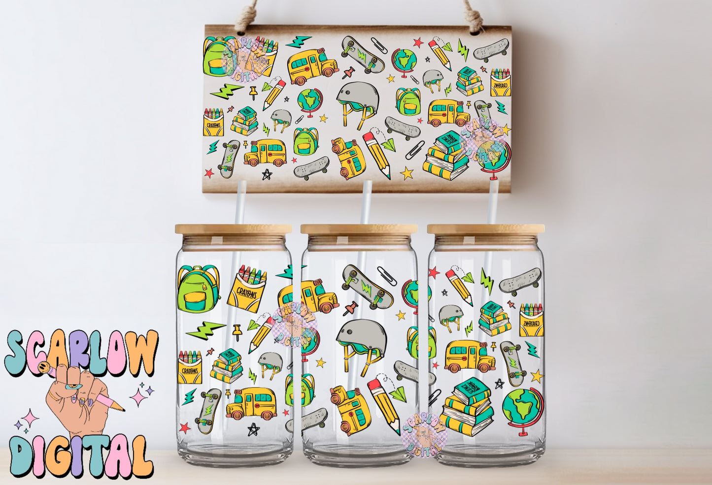 Back to School 16 Ounce Can Glass Wrap PNG Digital Design Download, crayons can glass wrap, skateboard cup wrap, teacher can glass wraps png