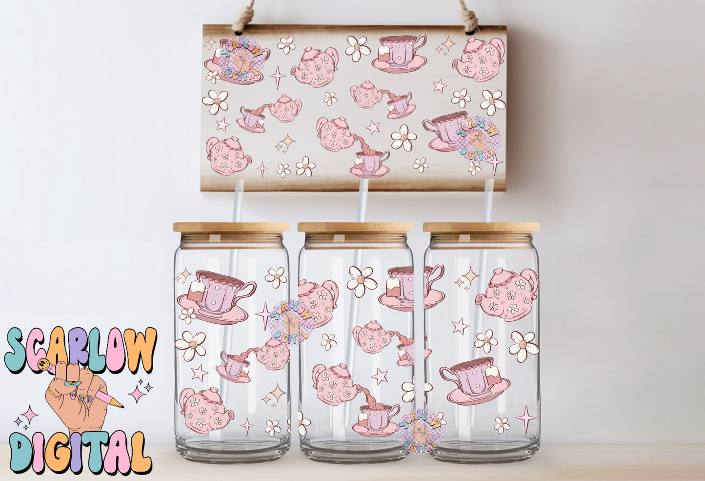 Tea Party 16 Ounce Can Glass Cup Wrap PNG Digital Design Download, tea cup cup wrap, coquette cup wrap, vintage cup wrap, flowers cup wrap