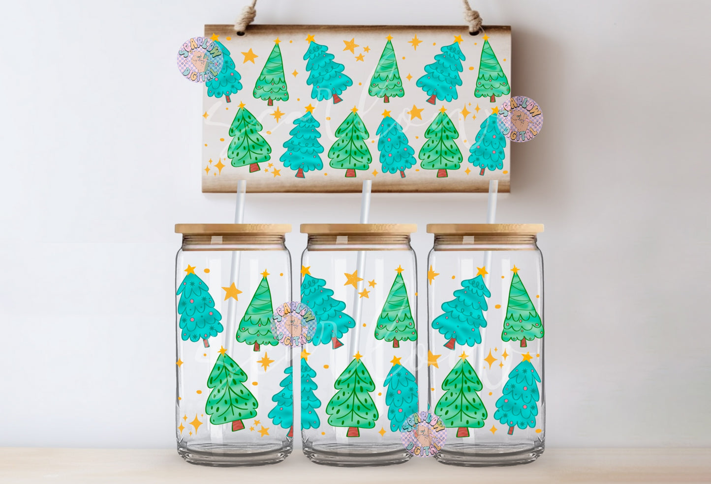 Christmas Trees Can Glass Wrap PNG Digital Design Download, funky christmas can glass wrap, 16 ounce can glass wrap, christmas png designs