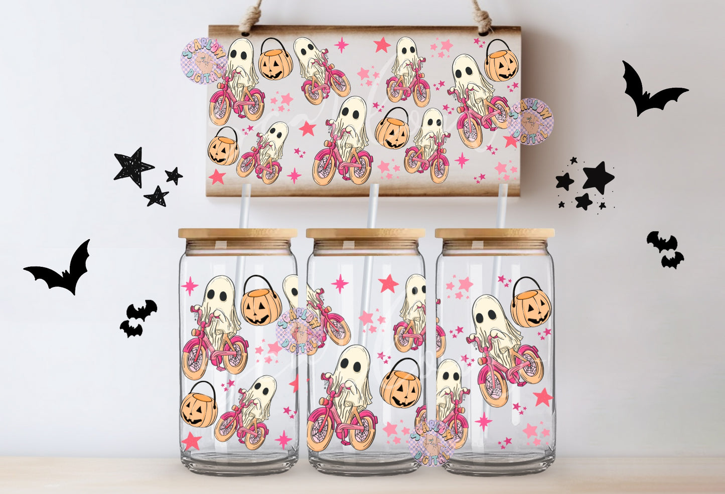 Ghost Bicycle Glass Can Wrap PNG-Halloween 16 oz. Can Glass Sublimation Digital Design Download-spooky can glass png, fall cup wraps png