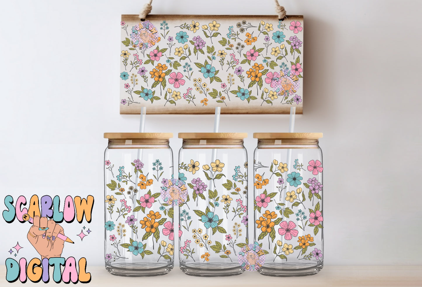 Groovy Flowers 16 Ounce Can Glass Cup Wrap PNG Digital Design Download, floral cup wrap, hippie cup wrap, daisies cup wraps, groovy png