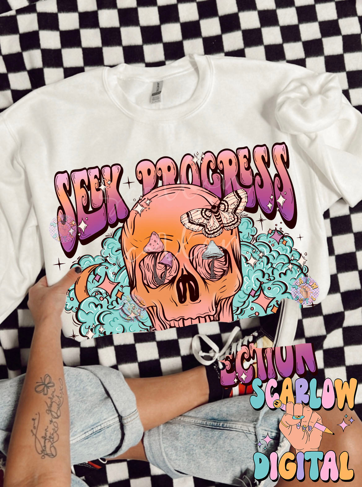 Seek Progress Not Perfection PNG Digital Design Download, skull png, skeleton png, celestial png, self care png, butterfly png, mushroom png