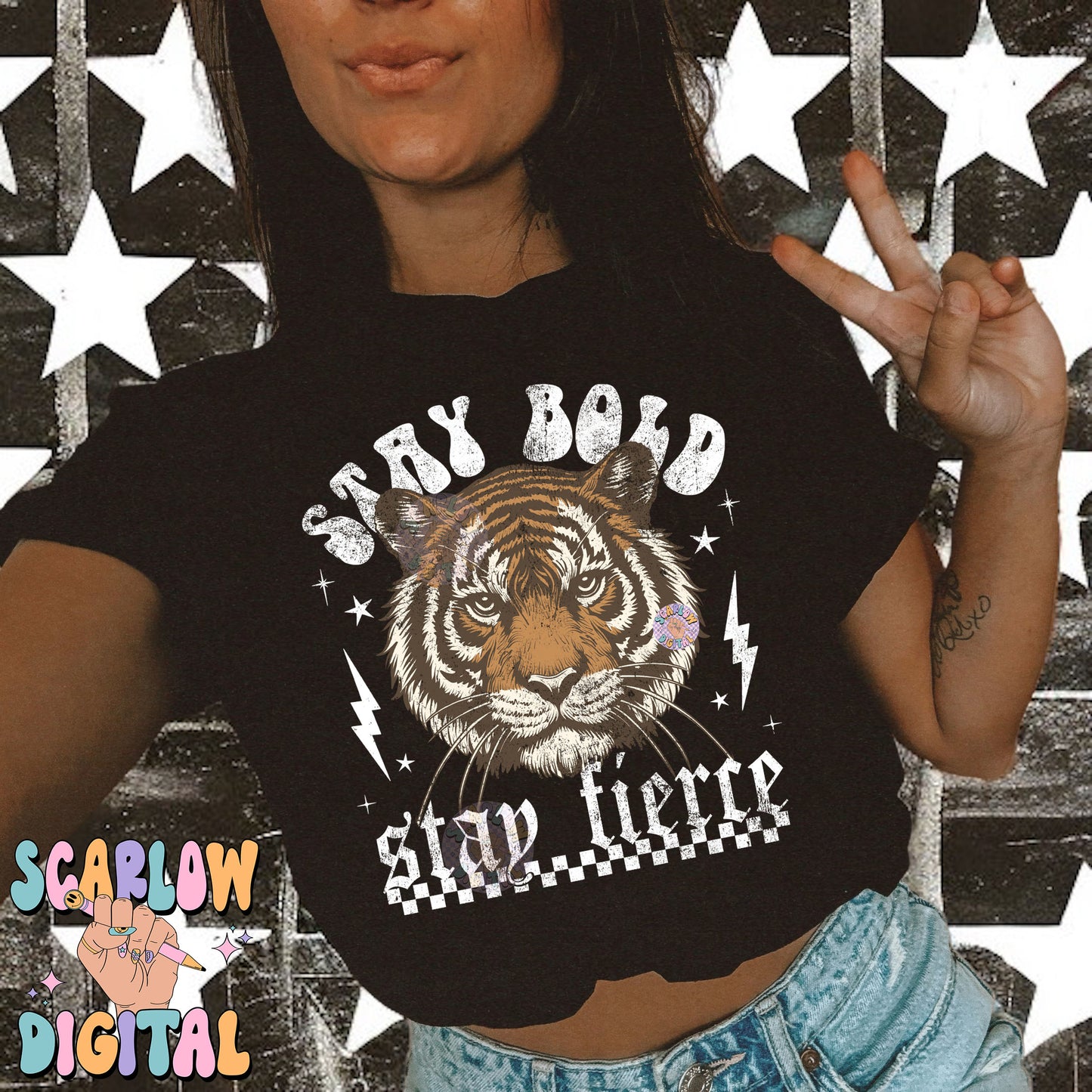 Stay Bold Stay Fierce PNG Digital Design Download, grunge png, edgy png, checkers png, tiger png, png for women, animal png, strength png