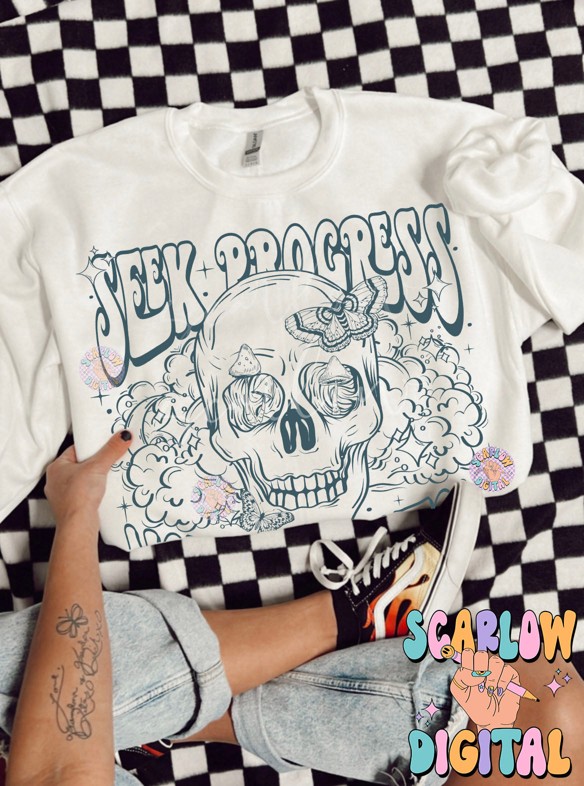 Seek Progress Not Perfection PNG Digital Design Download, skull png, skeleton png, celestial png, self care png, butterfly png, mushroom png