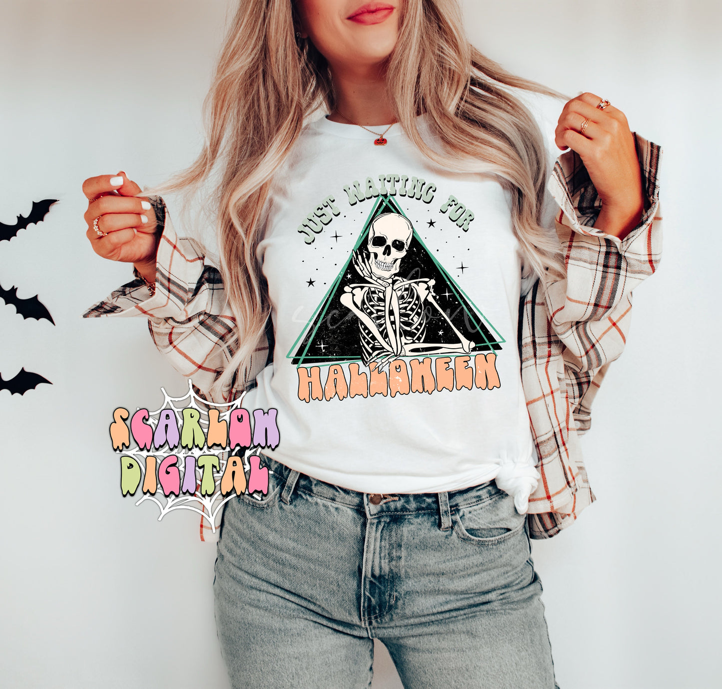 Just Waiting For Halloween-Skeleton Sublimation Digital Design Download-spooky season png, skull png, fall png, funny halloween png design