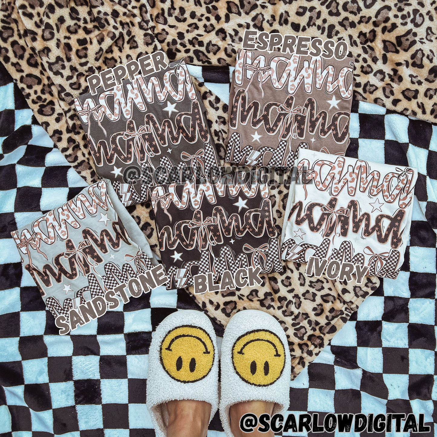 Mockup Image for Leopard Mama PNG Design WITH COLOR NAMES LABELED (Comfort Colors)