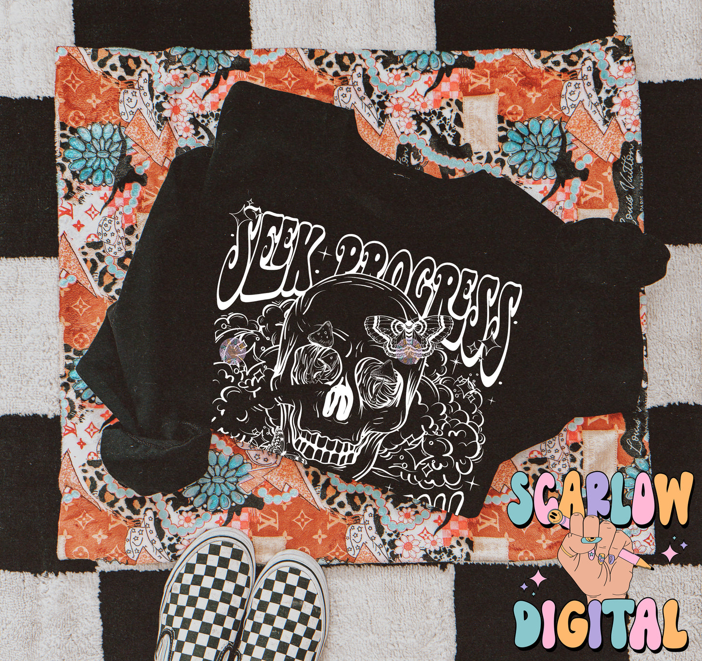 Seek Progress Not Perfection PNG Digital Design Download, skull png, skeleton png, celestial png, self care png, butterfly png, mushroom png