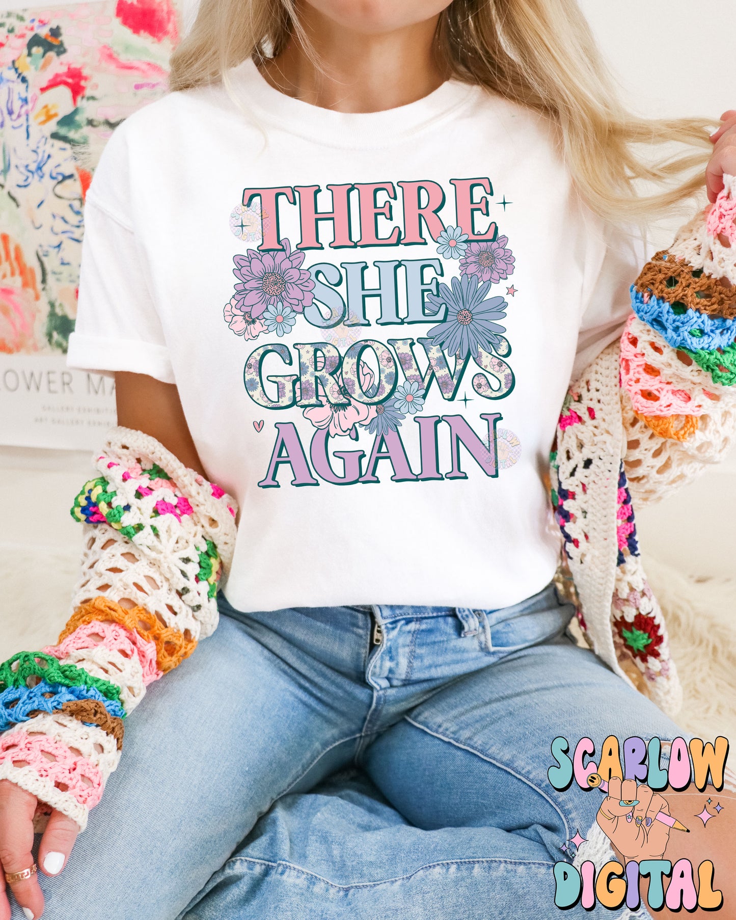 There She Grows Again PNG-Floral Sublimation Digital Design Download, vintage florals png, little girl png, self growth png, empowerment png