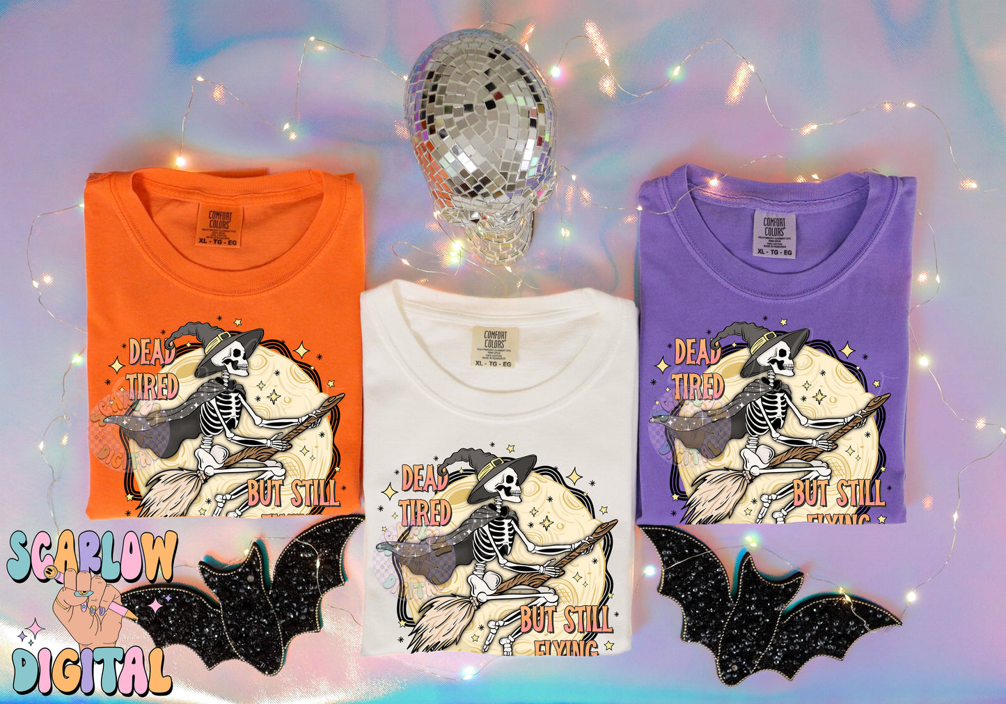 Dead Tired But Still Flying PNG Digital Design Download, Halloween png, skeleton png, funny png designs, adulting png, witch & full moon png