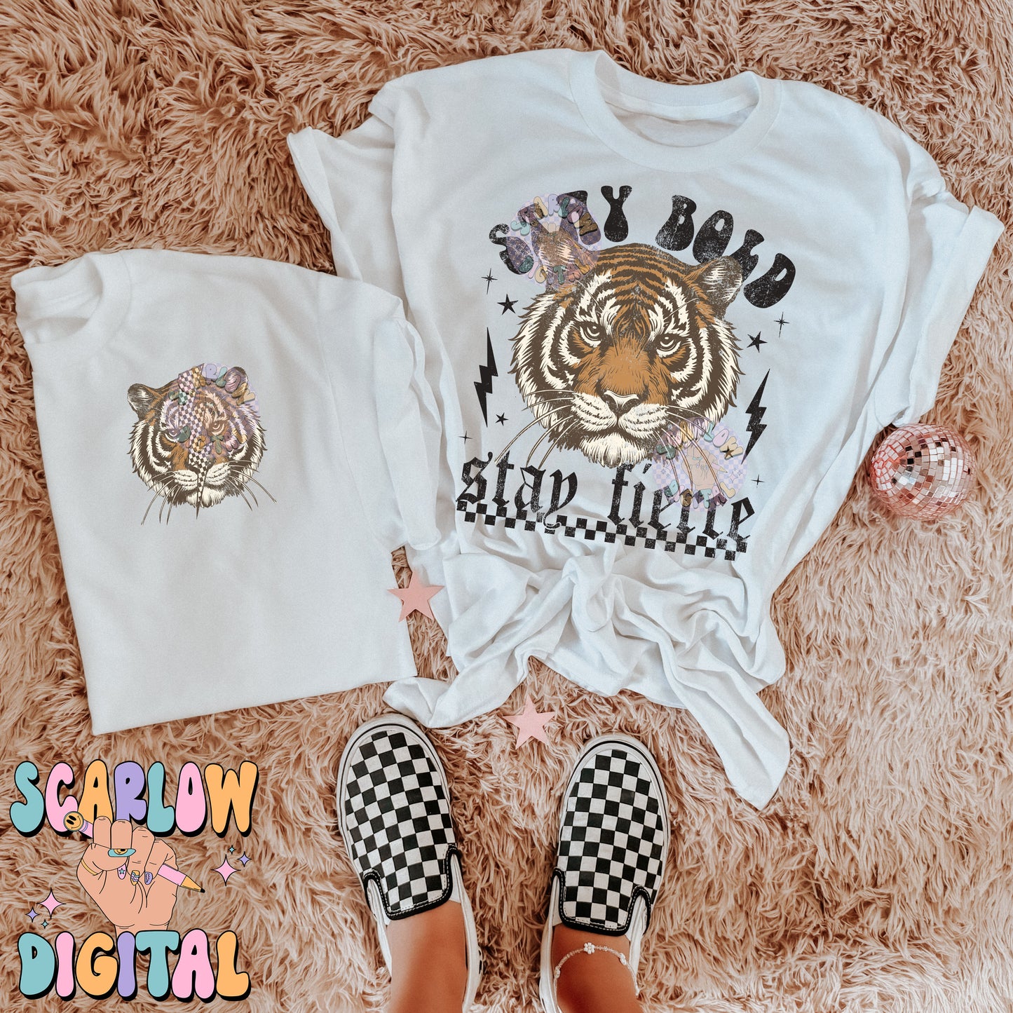 Stay Bold Stay Fierce Front and Back PNG Bundle Digital Design Download, grunge png, edgy png, checkers png, tiger png, png design for women