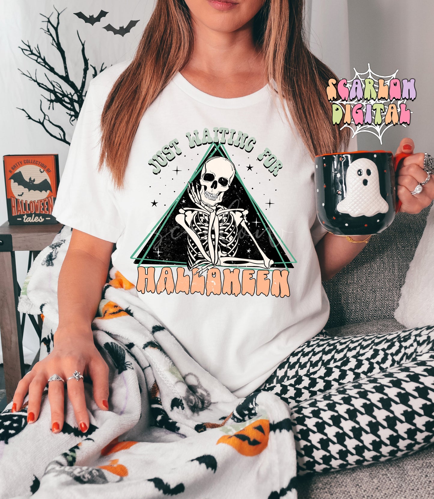Just Waiting For Halloween-Skeleton Sublimation Digital Design Download-spooky season png, skull png, fall png, funny halloween png design