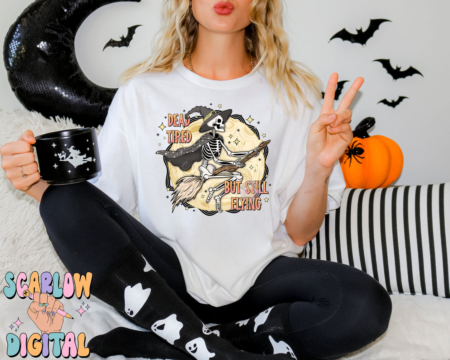 Dead Tired But Still Flying PNG Digital Design Download, Halloween png, skeleton png, funny png designs, adulting png, witch & full moon png