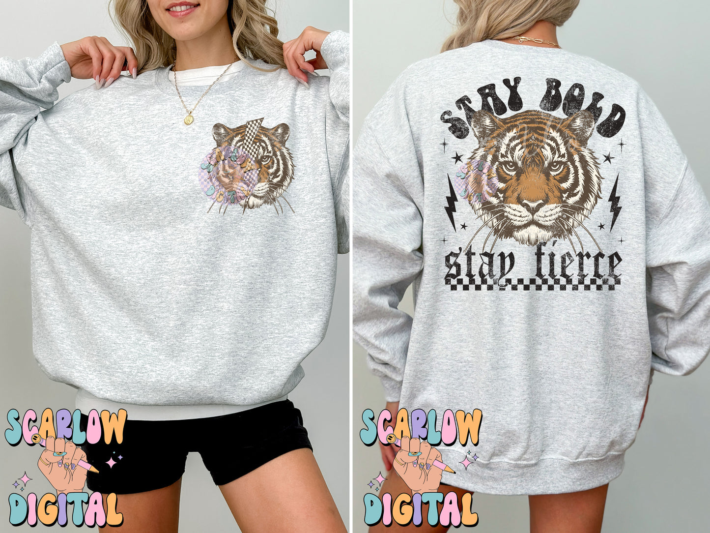 Stay Bold Stay Fierce Front and Back PNG Bundle Digital Design Download, grunge png, edgy png, checkers png, tiger png, png design for women