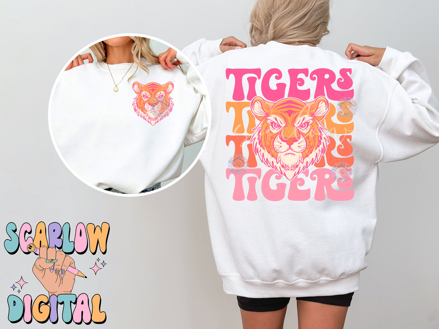 Tigers Front and Back PNG Digital Design Download, sports mascot png, football png, baseball png, retro png, trendy png, sports tshirt designs, school png