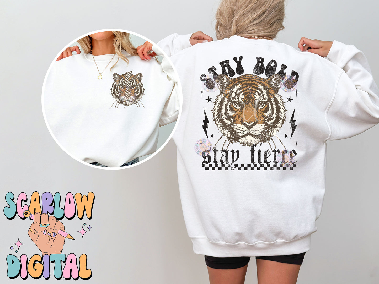 Stay Bold Stay Fierce Front and Back PNG Bundle Digital Design Download, grunge png, edgy png, checkers png, tiger png, png design for women