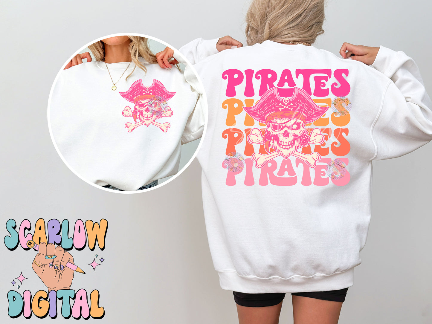 Pirates Front and Back PNG Digital Design Download, sports mascot png, football png, baseball png, retro png, trendy png, sports tshirt designs, school png