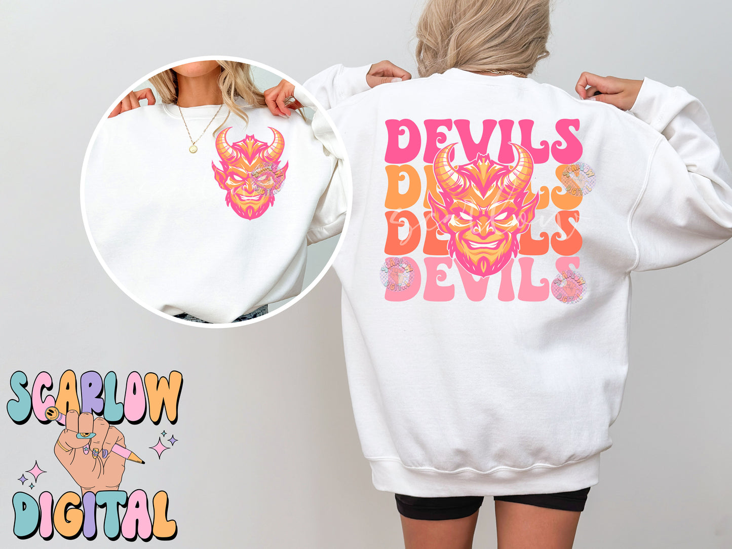 Devils Front and Back PNG Digital Design Download, sports mascot png, football png, baseball png, retro png, trendy png, sports tshirt design, school png