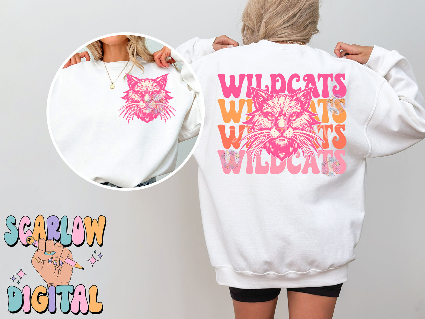 Wildcats Front and Back PNG Digital Design Download, sports mascot png, football png, baseball png, retro png, trendy png, sports tshirt design, school png