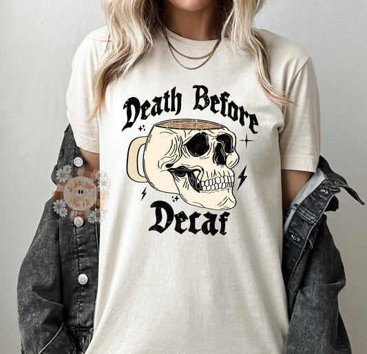 Death Before Decaf PNG-Coffee Sublimation Digital Design Download-skull png, funny adult png, skull png, coffee lover png, iced coffee png