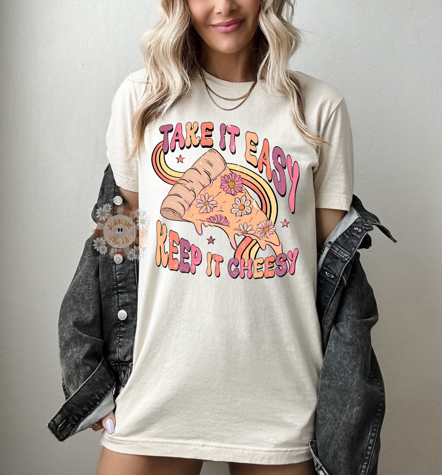 Take it Easy Keep it Cheesy PNG Sublimation Digital Design Download, floral png, flowers png, retro png, boho png, funny png, girly png file