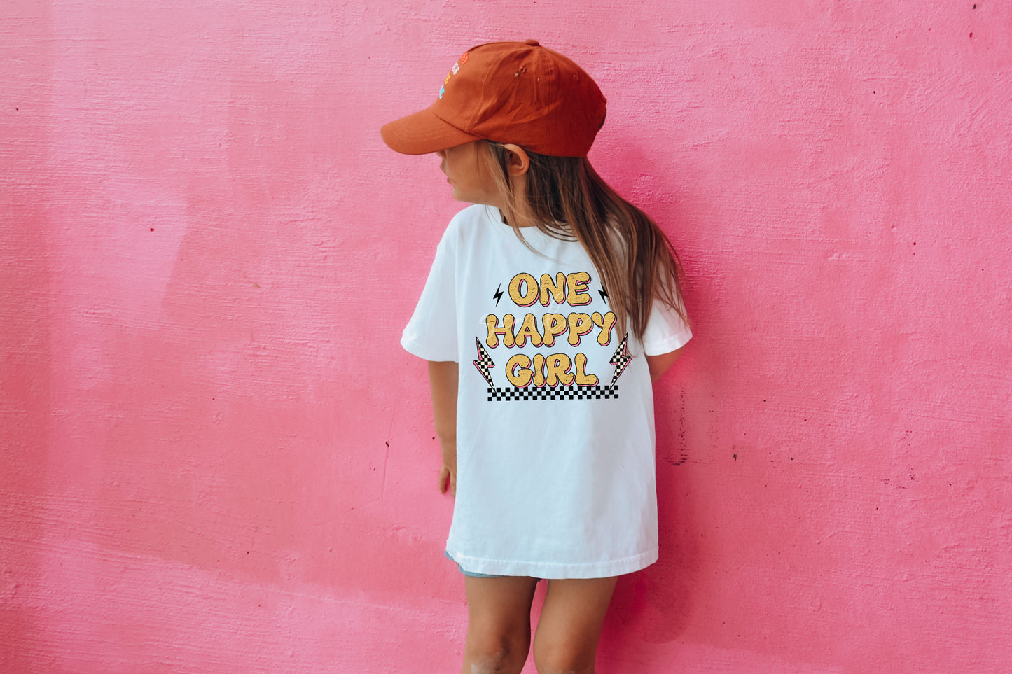 One Happy Girl PNG-Retro Sublimation Digital Design Download-png for kids, checkered png, little girl png, png for girls, trendy png designs