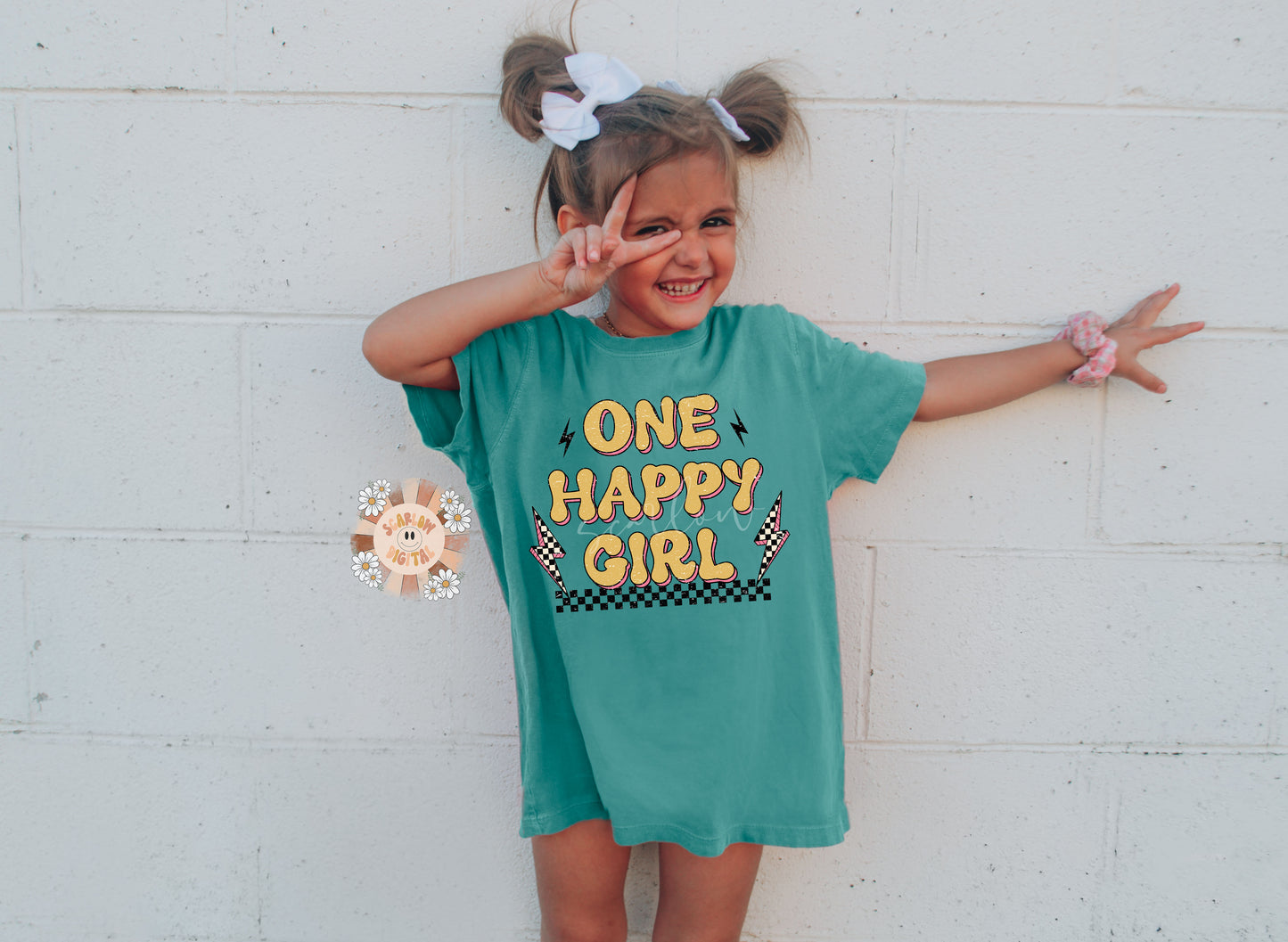One Happy Girl PNG-Retro Sublimation Digital Design Download-png for kids, checkered png, little girl png, png for girls, trendy png designs